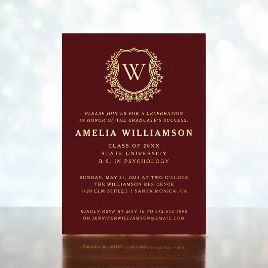 Invitation En Aluminium Burgundy Gold Crest Monogram Graduation Party