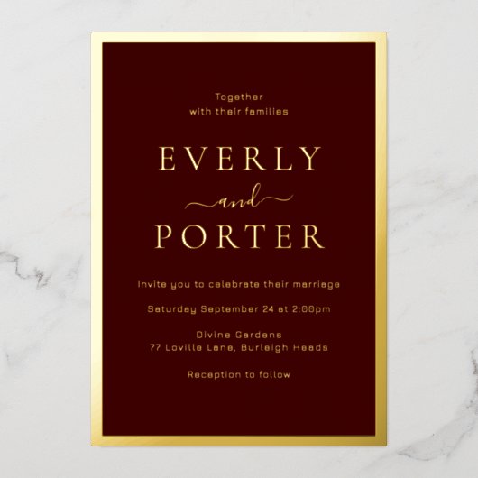 Invitation En Aluminium Burgundy & Gold Elegance Mariage Golden (Recto)