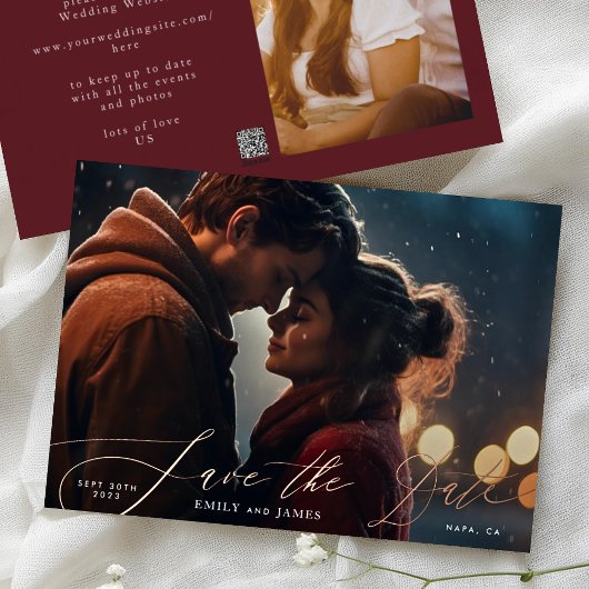 Invitation En Aluminium Burgundy & Gold Fall Calligraphy Mariage Photo