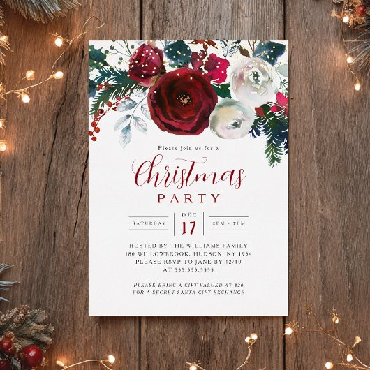 Invitation En Aluminium Burgundy Gold Festive Foliage Christmas Party