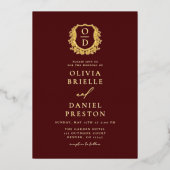 Invitation En Aluminium Burgundy Gold Foil Photo Monogramme Mariage (Recto)