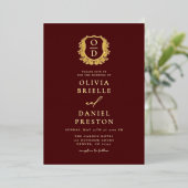 Invitation En Aluminium Burgundy Gold Foil Photo Monogramme Mariage (Debout devant)