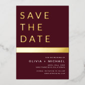 Invitation En Aluminium Burgundy Gold Stripe Enregistrer la date Photo (Recto)