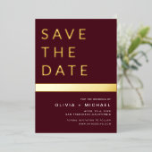 Invitation En Aluminium Burgundy Gold Stripe Enregistrer la date Photo (Debout devant)