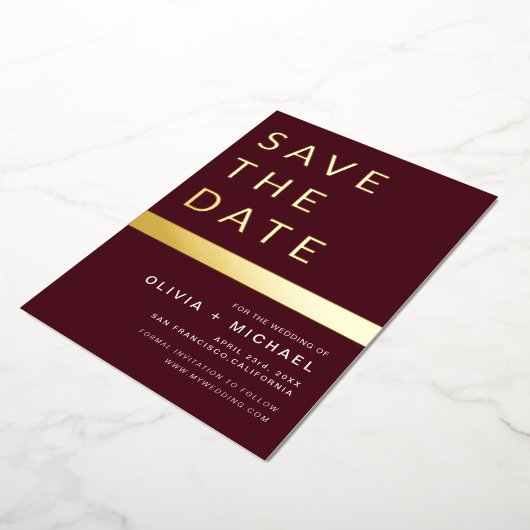 Invitation En Aluminium Burgundy Gold Stripe Enregistrer la date Photo (Rotation)
