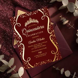 Invitation En Aluminium Burgundy Gold Swirl Élégant Quinceanera