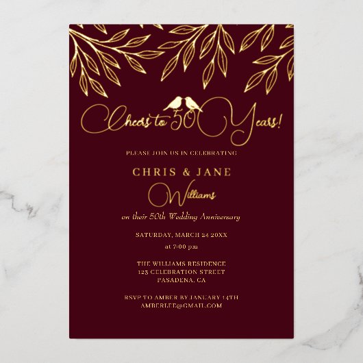 Invitation En Aluminium Burgundy Love Birds 50th Wedding Anniversary (Recto)