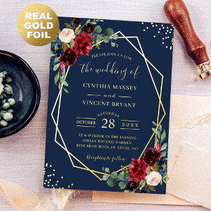 Invitation En Aluminium Burgundy Red Floral Navy Blue Premium Gold Mariage
