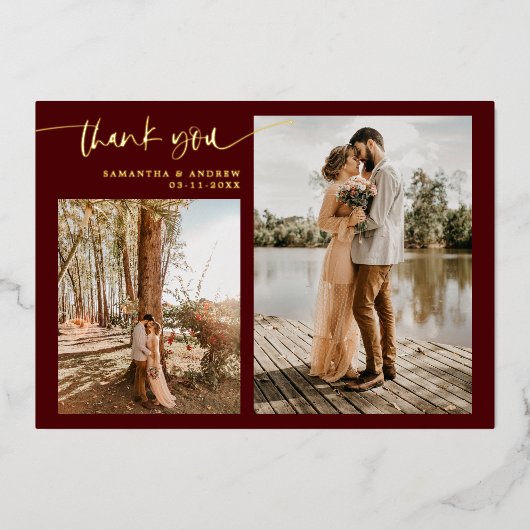 Invitation En Aluminium Burgundy script 5 photos merci mariage (Recto)