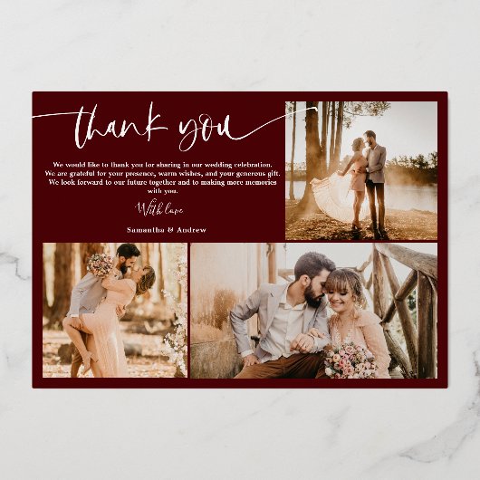 Invitation En Aluminium Burgundy script 5 photos merci mariage (Verso)