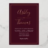 Invitation En Aluminium Burgundy script photo mariage cadre géométrique (Recto)