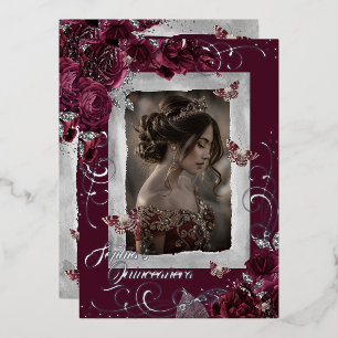 Invitation En Aluminium Burgundy Silver Quinceanera Photo Rose Papillon