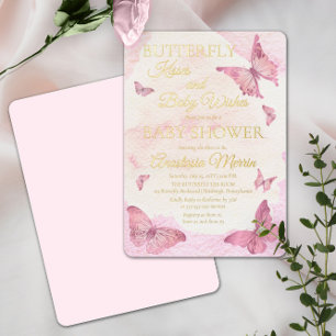 Invitation En Aluminium Butterfly Kisses and Baby Wishes Girl Baby Shower