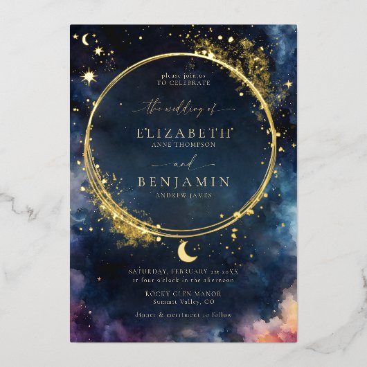 Invitation En Aluminium Cadeau céleste Midnight Blue Elegant Mariage or (Recto)
