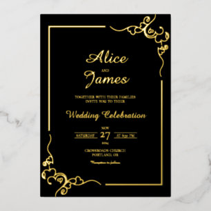 Invitation En Aluminium Cadre à Tourbillon de Cœur Élégant Mariage Noir et