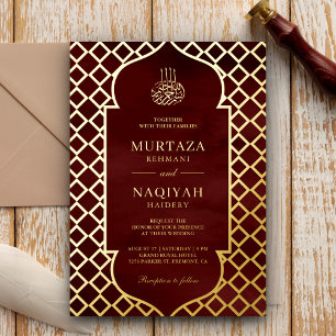 Invitation En Aluminium Cadre Antique Bordeaux Rouge Mariage Musulman Or