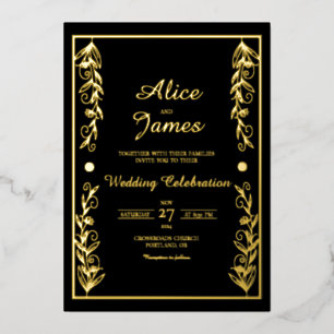 Invitation En Aluminium Cadre botanique Élégant Mariage à feuille d'or noi
