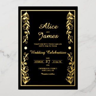 Invitation En Aluminium Cadre botanique Élégant Mariage à feuille d'or noi