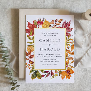 Invitation En Aluminium Cadre de feuilles d'automne à l'aquarelle Mariage