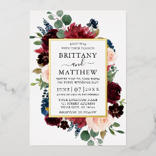 Invitation En Aluminium Cadre de mariage floral à l'aquarelle élégant or