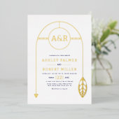 Invitation En Aluminium Cadre doré avec feuille et initiales mariage blanc (Debout devant)