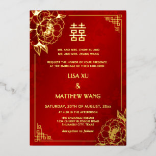 Invitation En Aluminium Cadre doré bilingue Paonée Mariage chinois