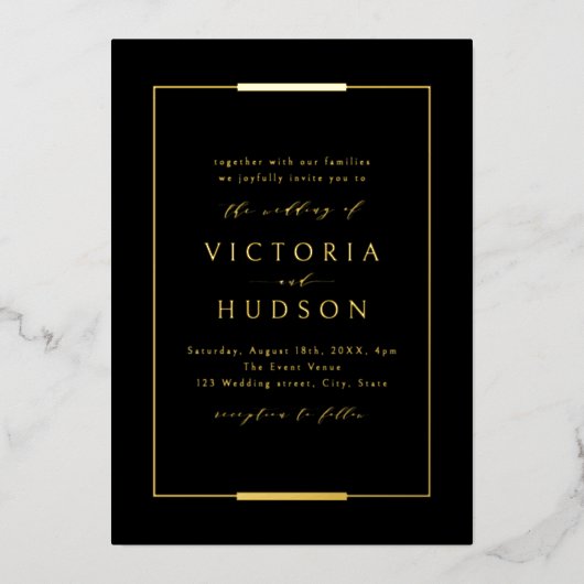 Invitation En Aluminium Cadre Elegance Black Gold Simple Mariage moderne (Recto)