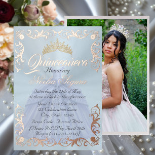 Invitation En Aluminium Cadre élégant et photo sur Quinceanera bleu pastel