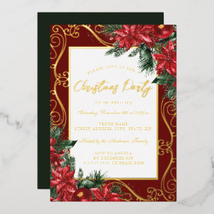 Invitation En Aluminium Cadre floral festif rouge or fête de Noël
