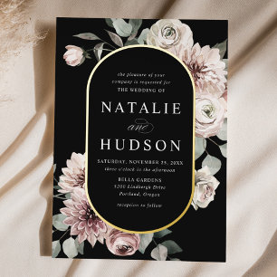 Invitation En Aluminium Cadre floral hivernal délicat noir pour mariage