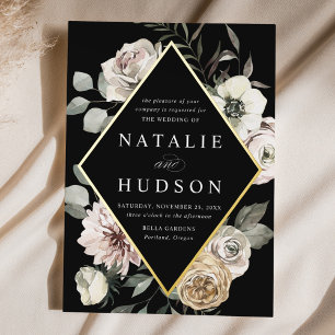 Invitation En Aluminium Cadre floral hivernal délicat pour mariage noir