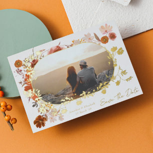 Invitation En Aluminium Cadre floral moderne Photo Enregistrer la date Or