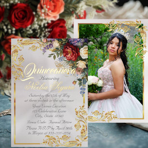 Invitation En Aluminium Cadre floral, photo et doré - Pearl2 Quinceanera