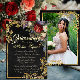 Invitation En Aluminium Cadre floral, photo et doré - Quinceañera noir