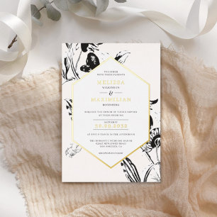 Invitation En Aluminium Cadre géométrique doré à motif floral noir et blan