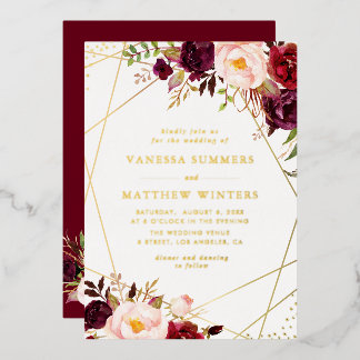 Invitation En Aluminium Cadre géométrique or floral bordeaux mariage