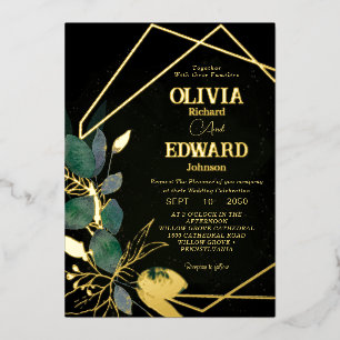 Invitation En Aluminium Cadre géométrique vert congé et or Mariage noir