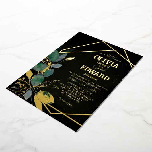 Invitation En Aluminium Cadre géométrique vert congé et or Mariage noir (Rotation)