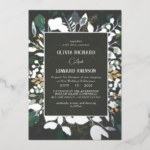 Invitation En Aluminium Cadre géométrique vert et or feuilles argent