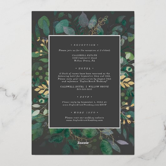 Invitation En Aluminium Cadre géométrique vert et or feuilles argent (Verso)