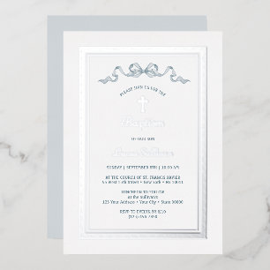Invitation En Aluminium Cadre grec argent Dusty Blue Bow Baptisé