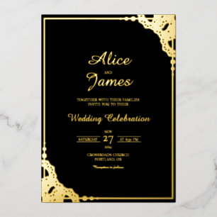Invitation En Aluminium Cadre Mandala Élégant Mariage Noir Feuille D'or