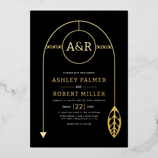Invitation En Aluminium Cadre or avec feuille, initiales mariage noir (Recto)