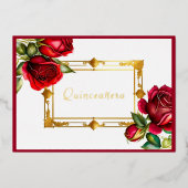 Invitation En Aluminium Cadre Or Roses Rouges Quinceañera (Recto)