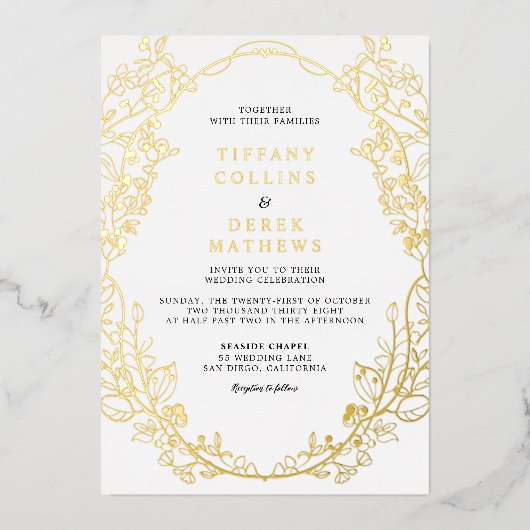 Invitation En Aluminium Cadre Orné Elégant Mariage Or (Recto)