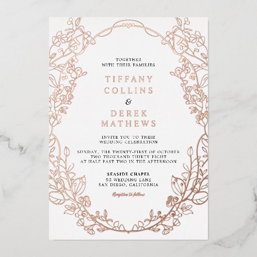 Invitation En Aluminium Cadre Orné Elégant Mariage Rose Or (Recto)