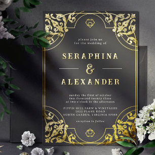 Invitation En Aluminium Cadre Orné vintage   Elegant Black and Gold Real
