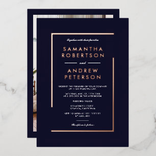 Invitation En Aluminium Cadre photo géométrique en or rose mariage bleu ma