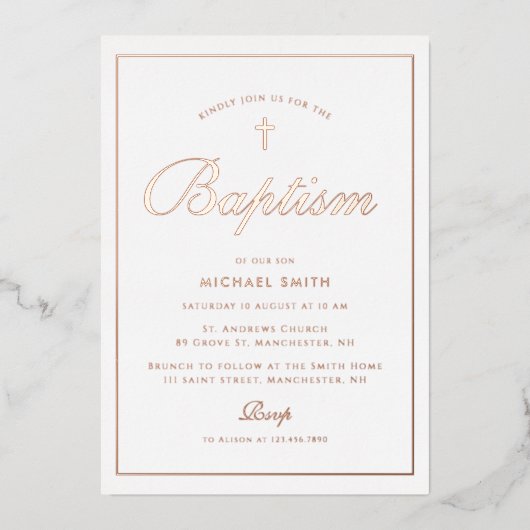 Invitation En Aluminium cadre rose or simple moderne baptême (Recto)