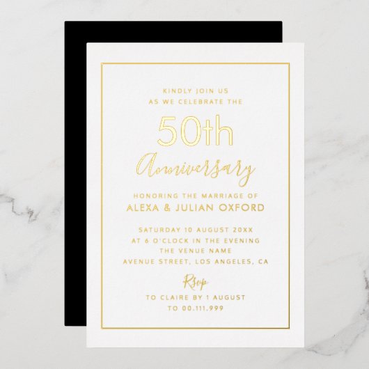 Invitation En Aluminium cadre simple 50e anniversaire or (Recto/Verso)
